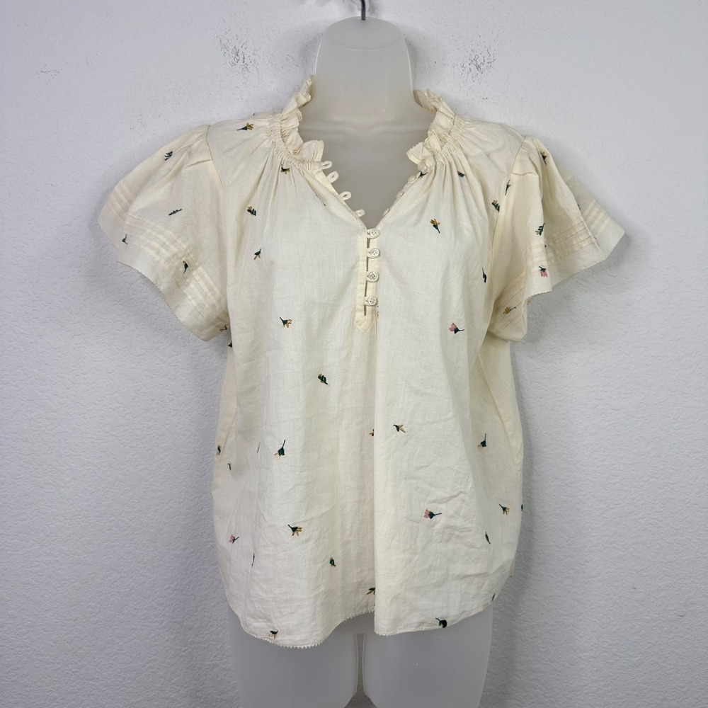 Industry Shirt Women M Ivory Embroidered Floral Ruffle Romantic Boho Cottagecore